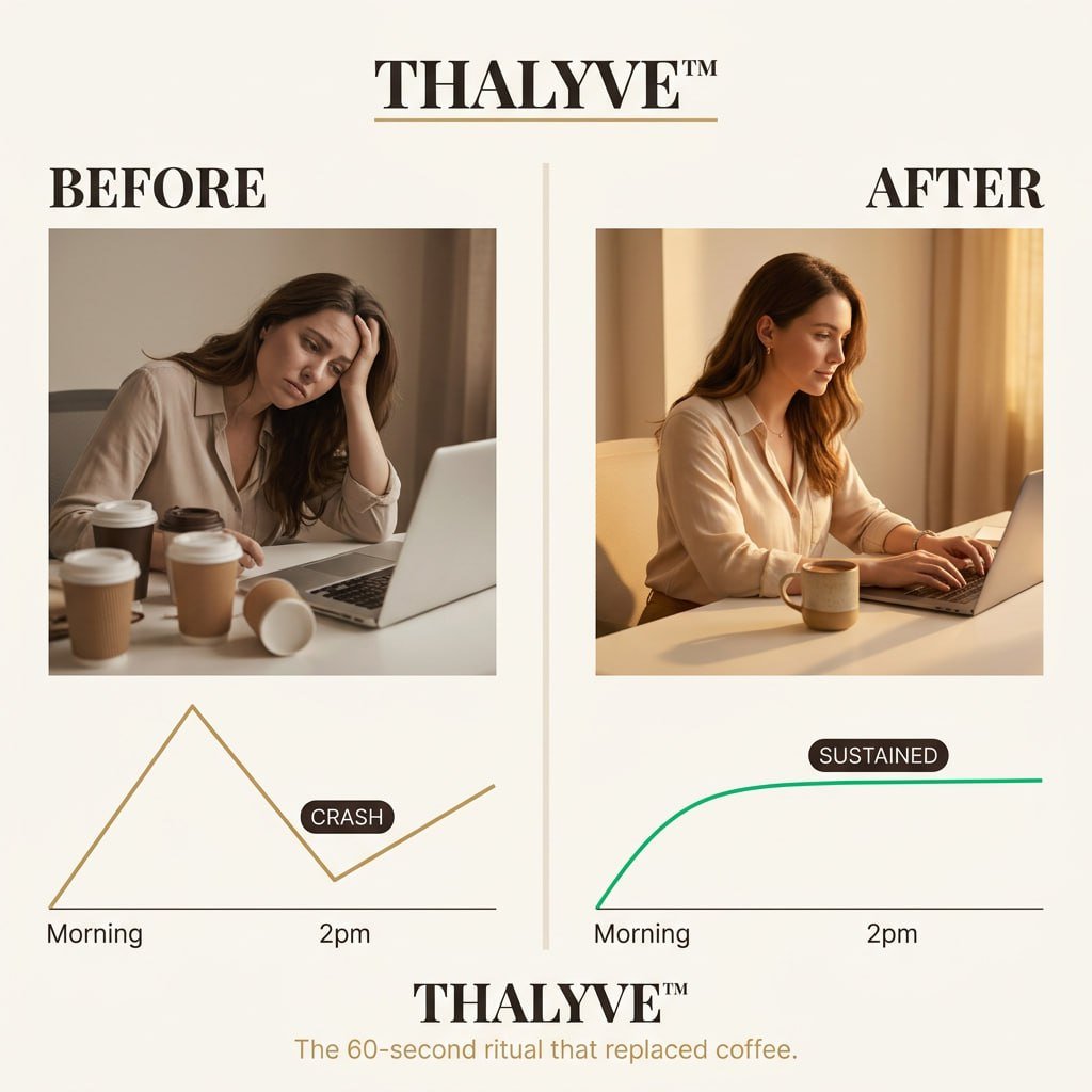 THALYVE Ceremonial Cacao - Before vs After: Coffee Crash vs Sustained Energy Curve