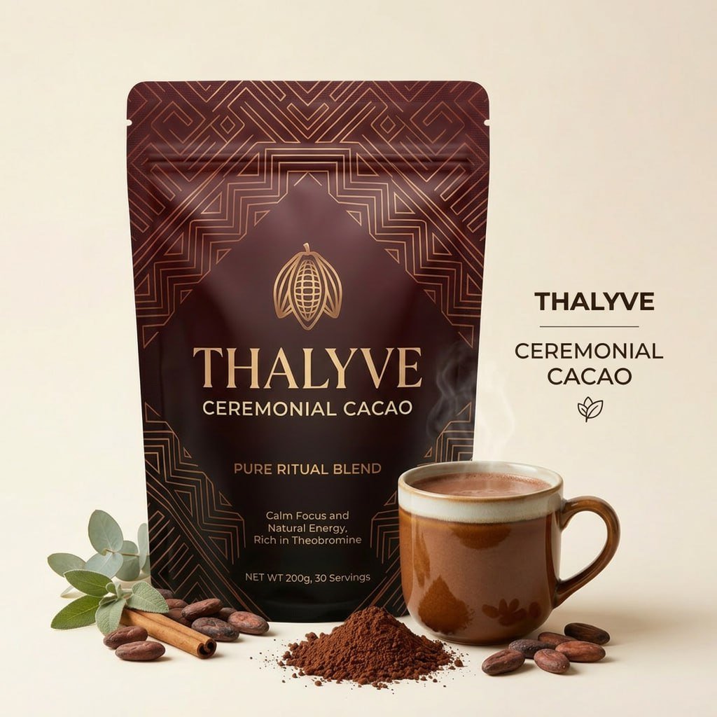 THALYVE Ceremonial Cacao - Pure Ritual Blend with Steaming Mug and Raw Ingredients