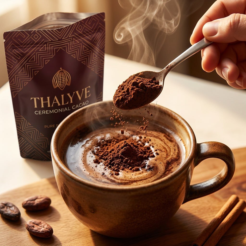 THALYVE Ceremonial Cacao - Scooping Powder Into Steaming Mug